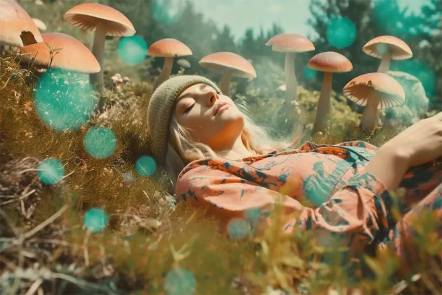 Woman laying down in nature surrounded by mushrooms after embarking on a magic mushroom trip