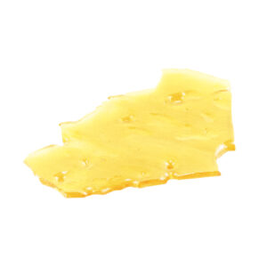 Death Bubba shatter, a form of cannabis concentrate with yellow-amber hue and glass-like texture on white background.